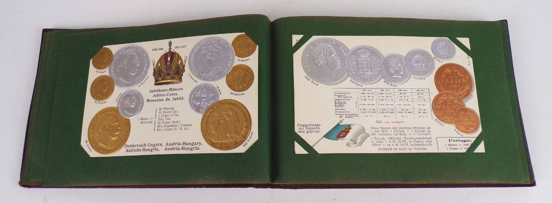 Geldsorten aller Länder Postkartenalbum Geld Münz Ansichtskarten um 1910 Rarität 45 Präge Ansichtskarten