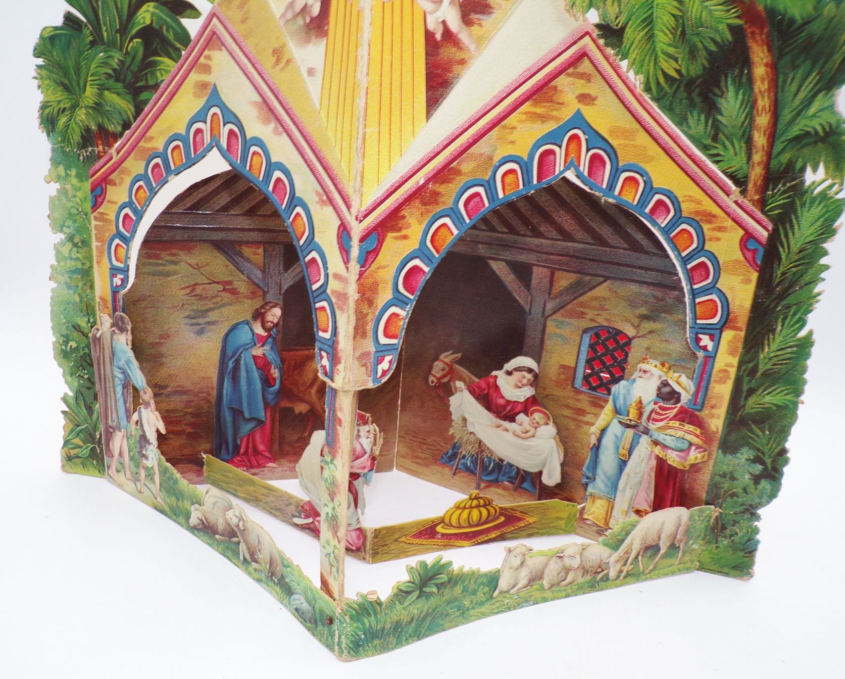 Alte Weihnachtskrippe Antik Aufstellkrippe aus Papier 3 D Weihnachtsschmuck Kopie