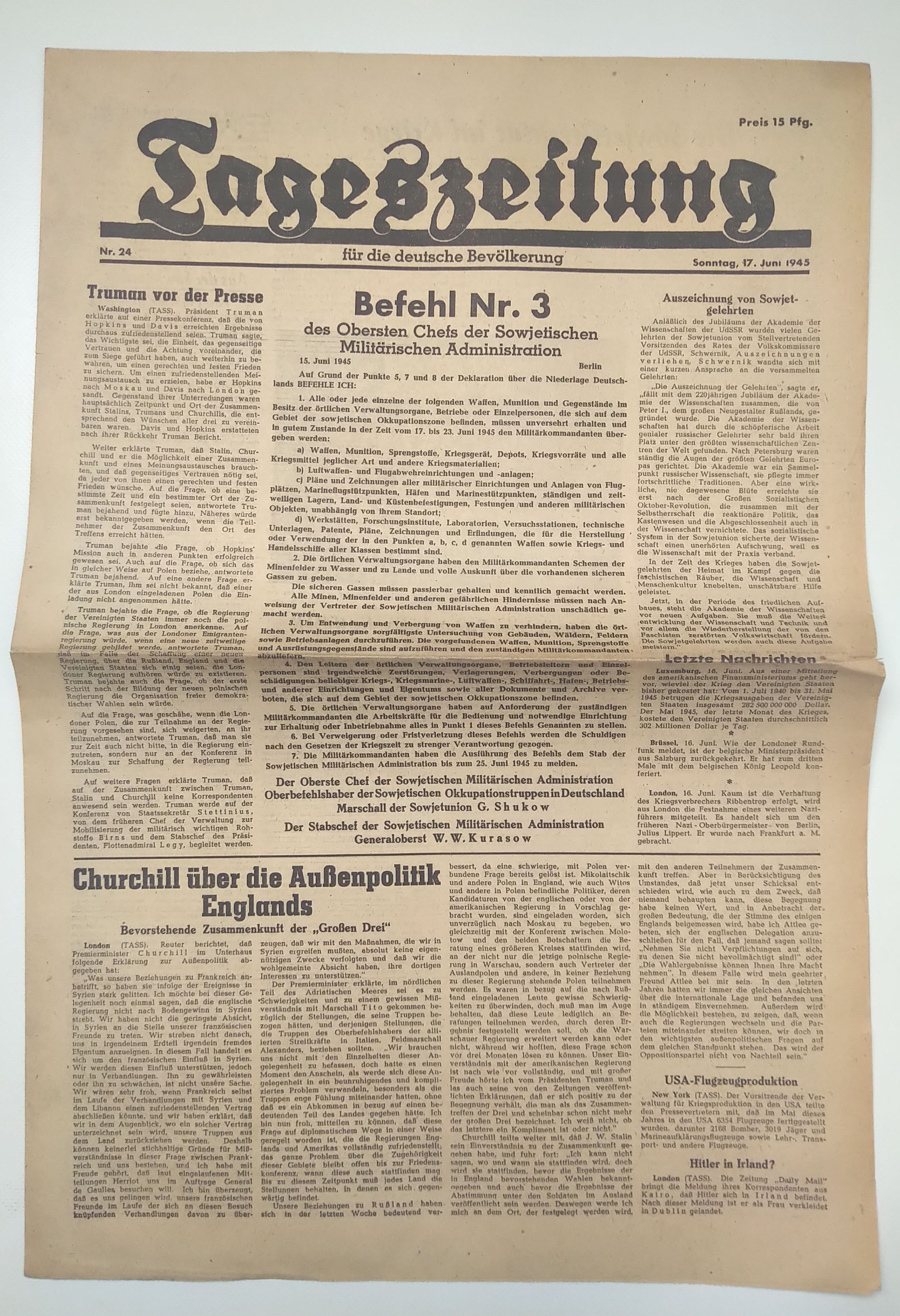 Tageszeitung Churchill über die Außenpolitik Englands 1945 Nr 24 Tageszeitung Churchill über die Außenpolitik Englands 1945 Nr 24