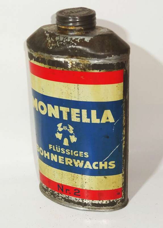 Alte Flasche Montella flüssiges Bohnerwachs Inhalt Blechdose Reklame 