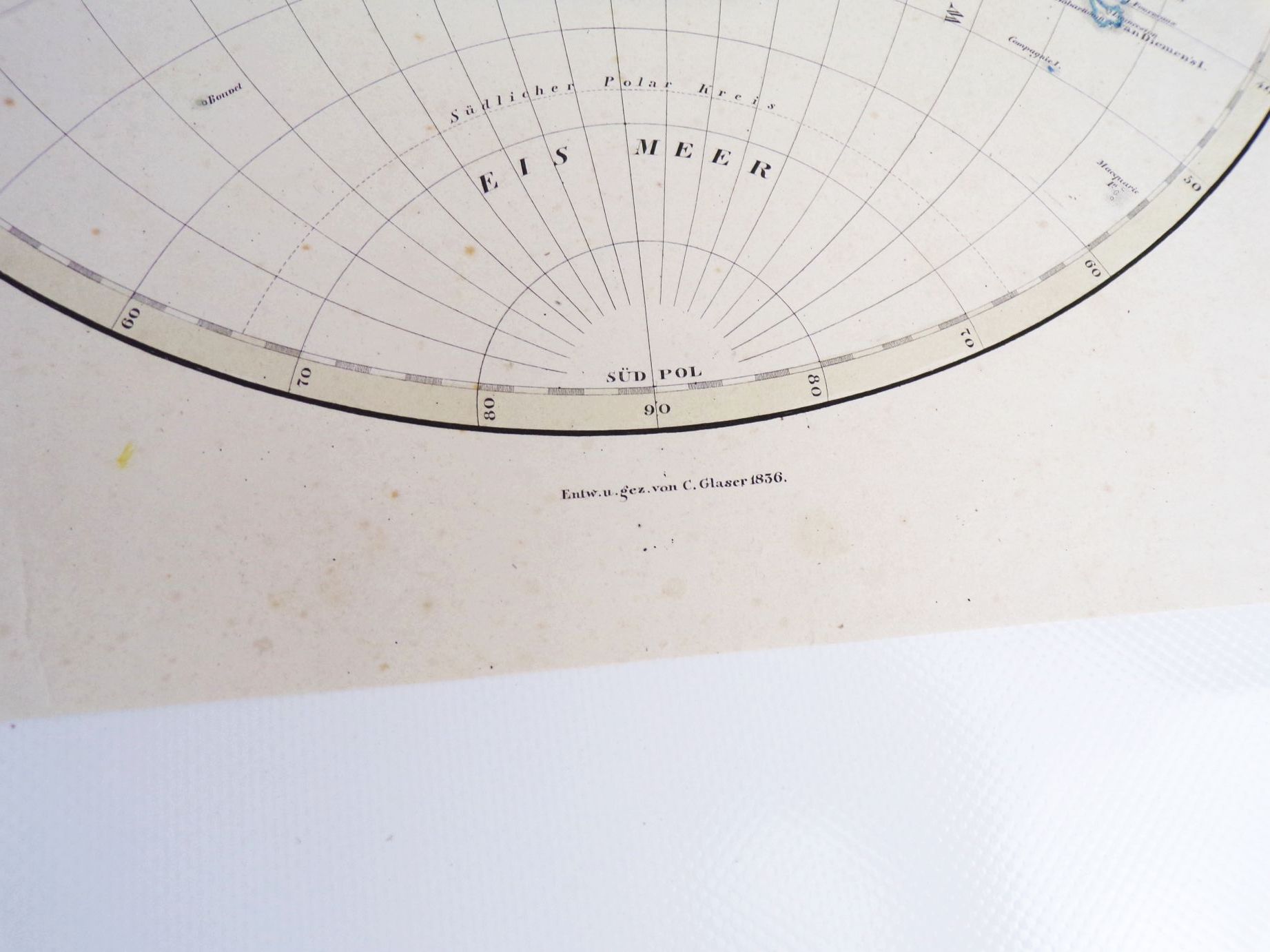 Glaser Stahlstich Östliche Halbkugel 1836 koloriert Druck 