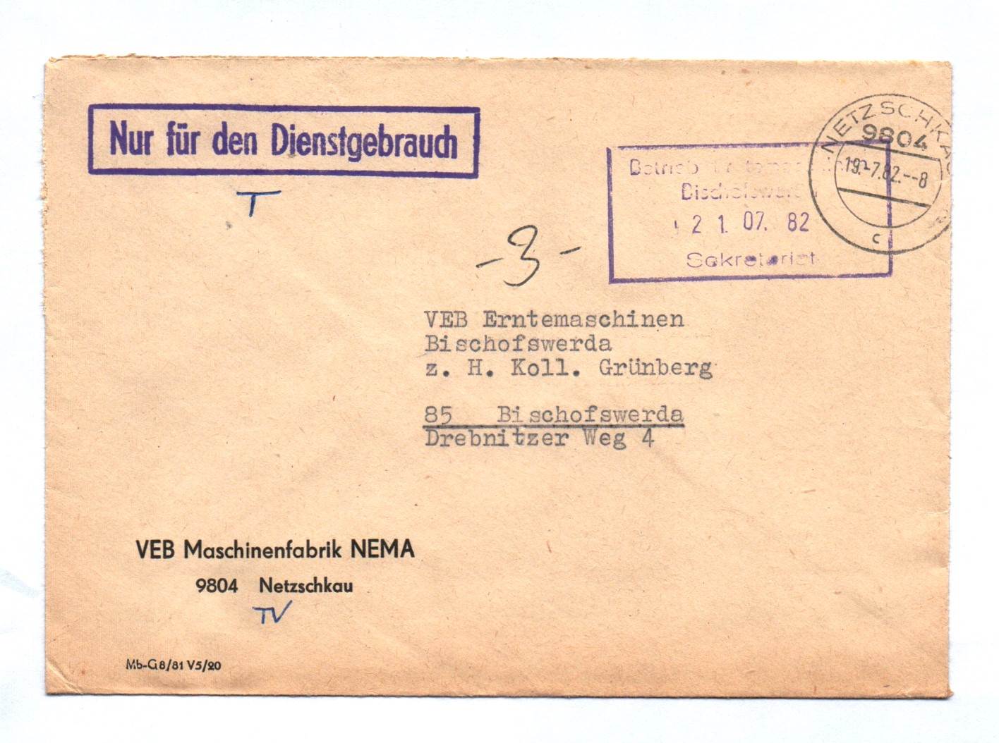 Brief Nur für Dienstgebrauch VEB Maschinenfabrik NEMA Netzschkau 1982 DDR Brief Nur für Dienstgebrauch VEB Maschinenfabrik NEMA Netzschkau 1982 DDR