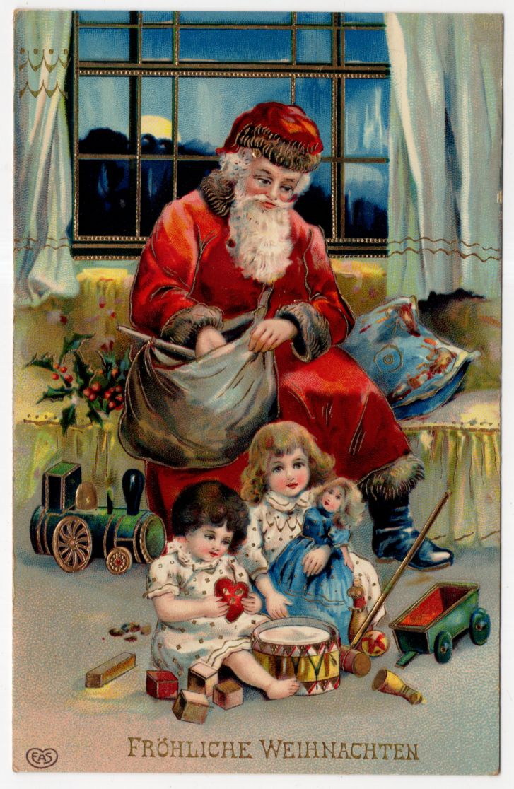 Ak Weihnachtsmann mit Kindern und Spielzeug Fröhliche Weihnachten gold geprägt
