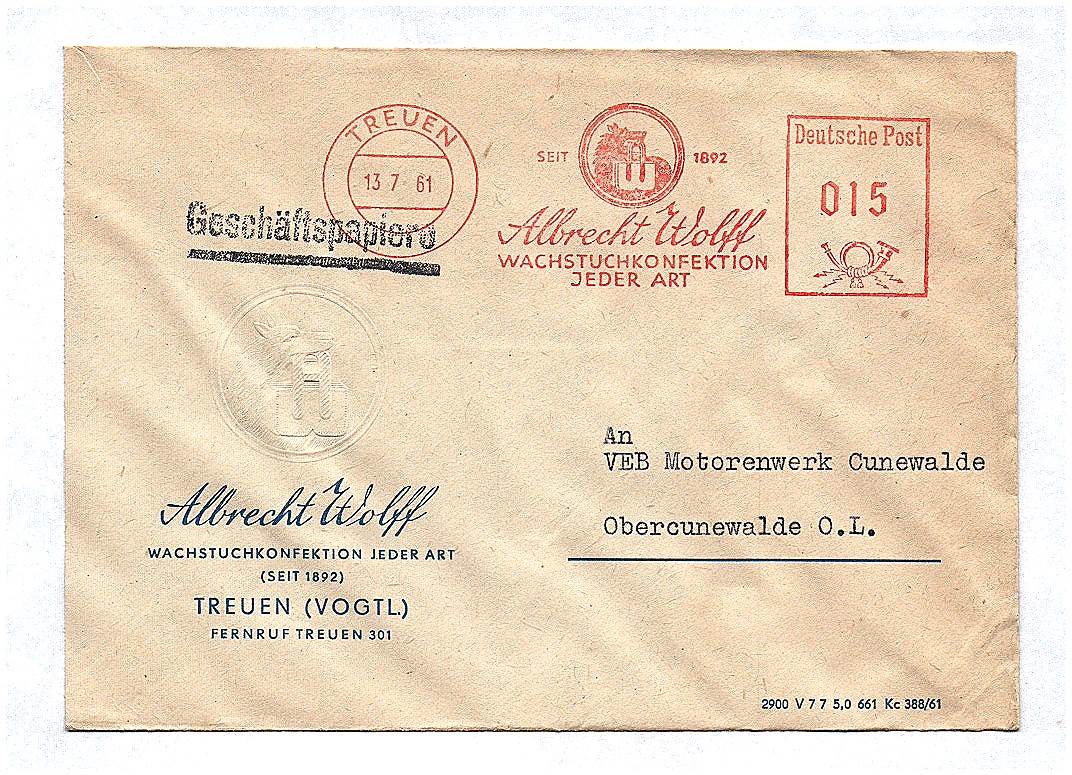 Geschäftspapiere 1961 Wachstuchkonfektion Treuen Vogtland