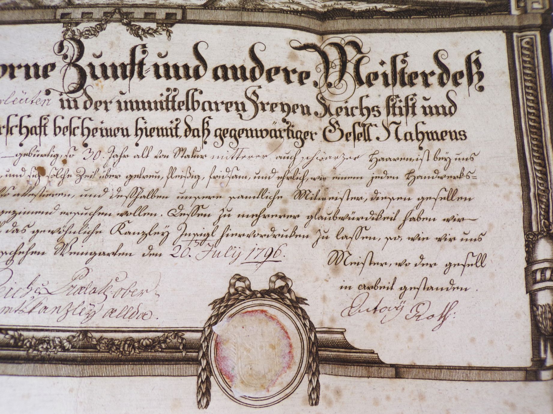 Uralter Gesellenbrief Zimmermann 1796 Weingarten Kupferstich Rarität