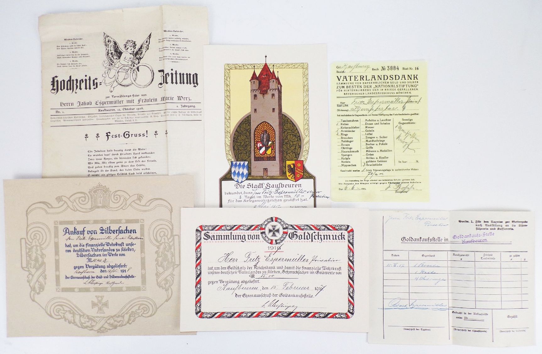 Kaufbeuren Dokumente Lot Ankauf Silbersachen Gold Urkunde Kriegswahrzeichen 1 Wk
