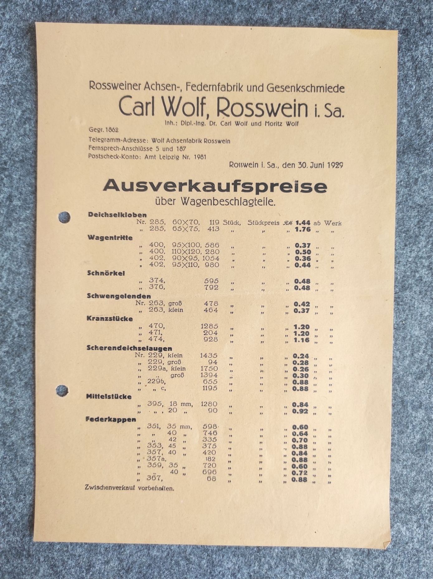 Carl Wolf Rosswein Sachsen alte Werbeblätter Preislisten 1929 Carl Wolf Rosswein Sachsen alte Werbeblätter Preislisten 1929