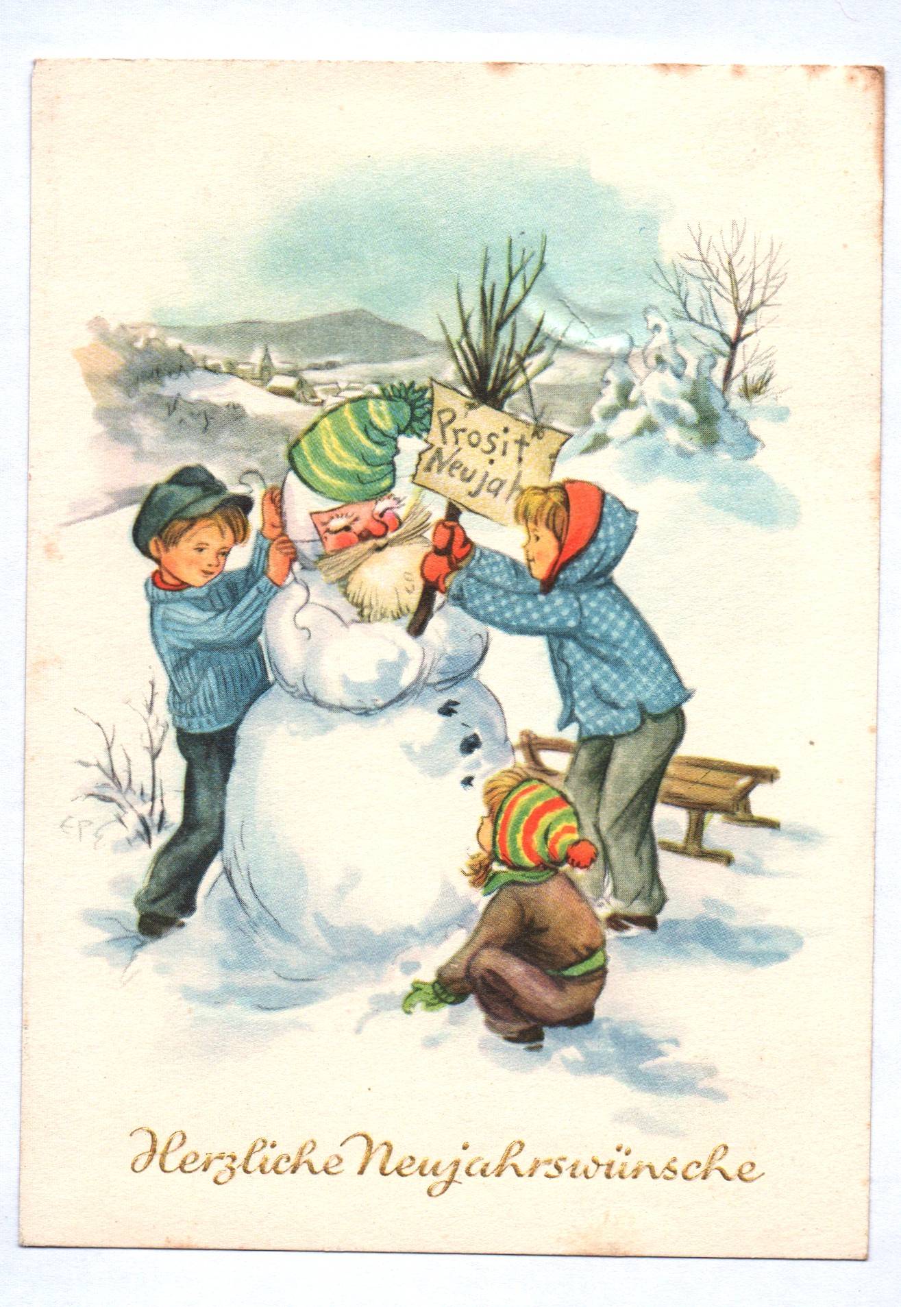 Künstler Ak Kinder bauen Schneemann Neujahrswünsche Kitsch 1960 