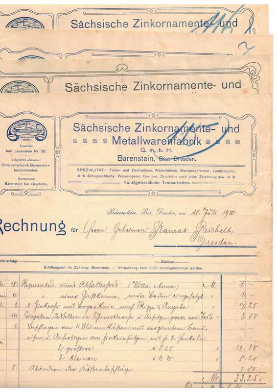 4 x Rechnung Sächsische Zinkornamente Metallwarenfabrik Bärenstein Bez Dresden 1910