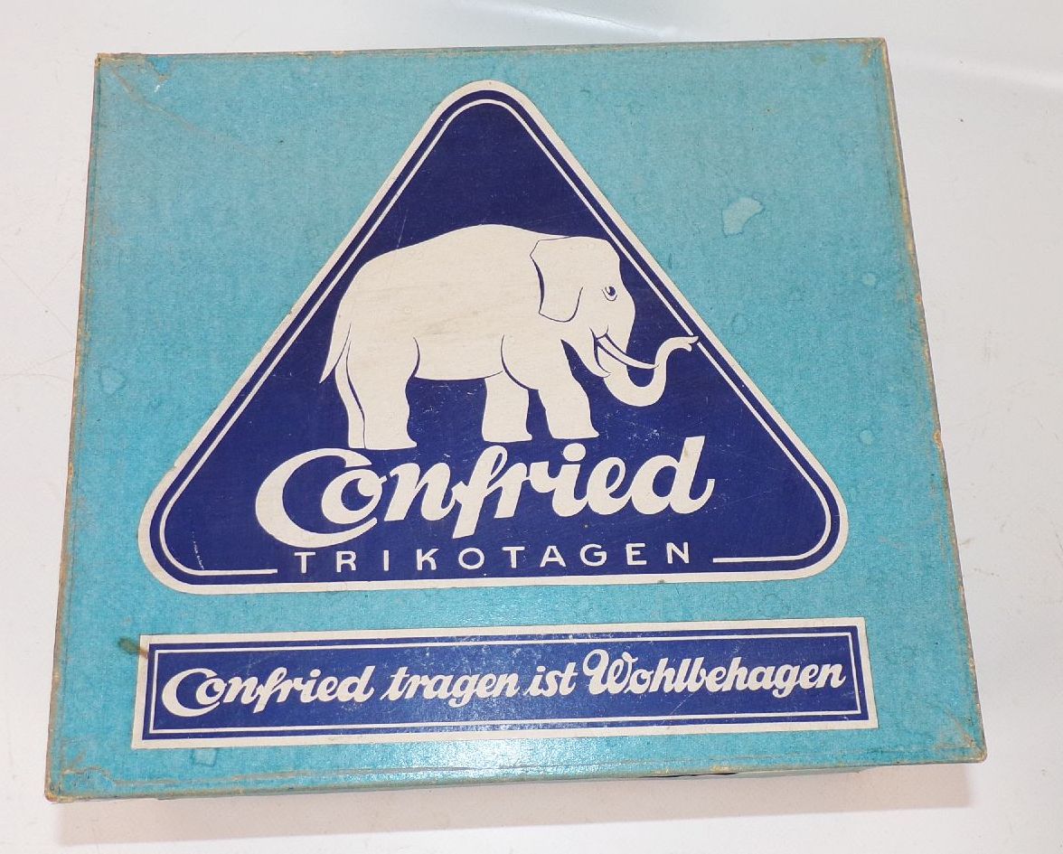 Alter Confried Trikotagen Karton mit MEZ Strickgarn Reklame Sammler Handarbeit