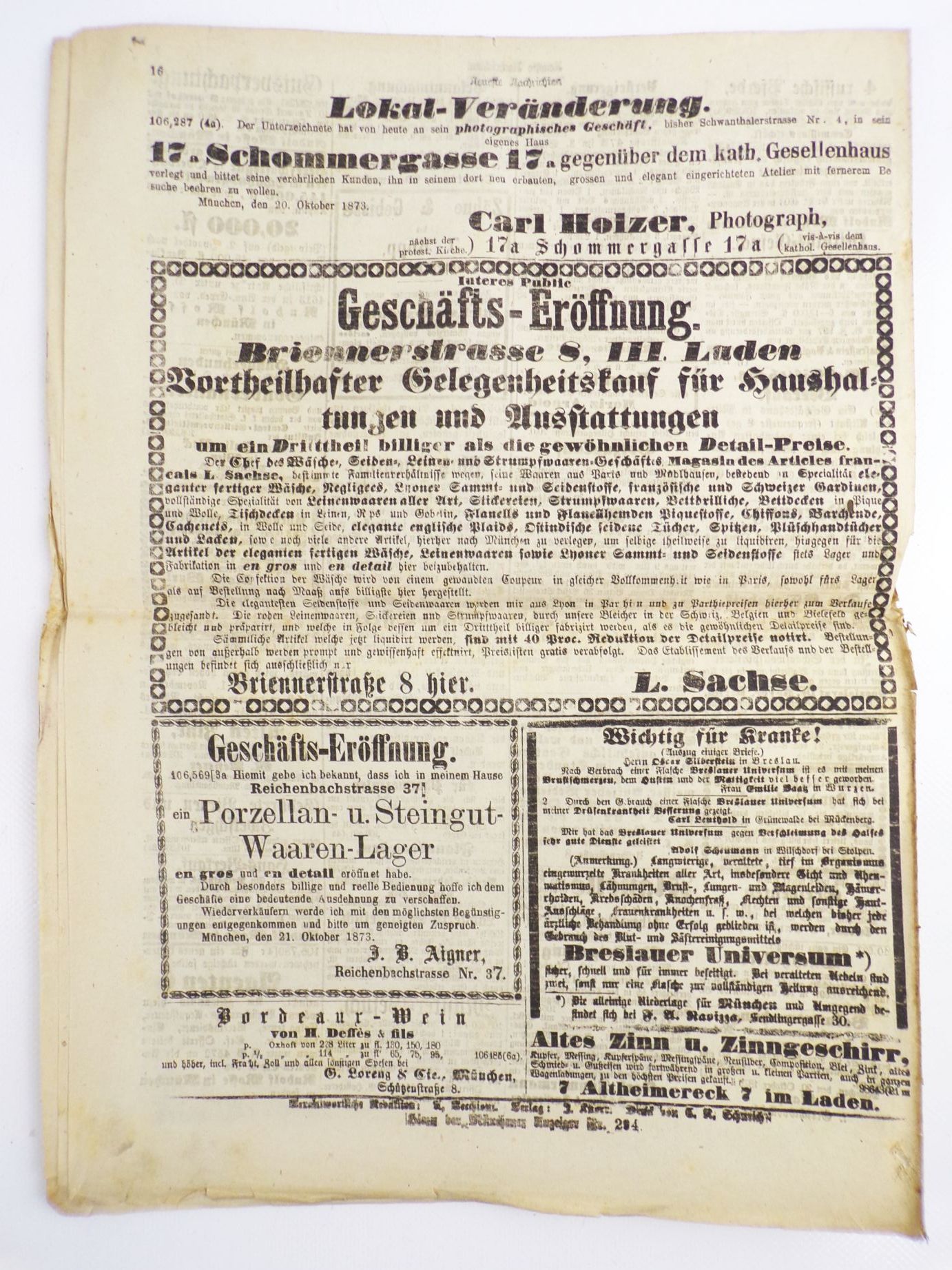 Konvolut Neueste Nachrichten und Allgemeine Zeitung 1825 bis 1873