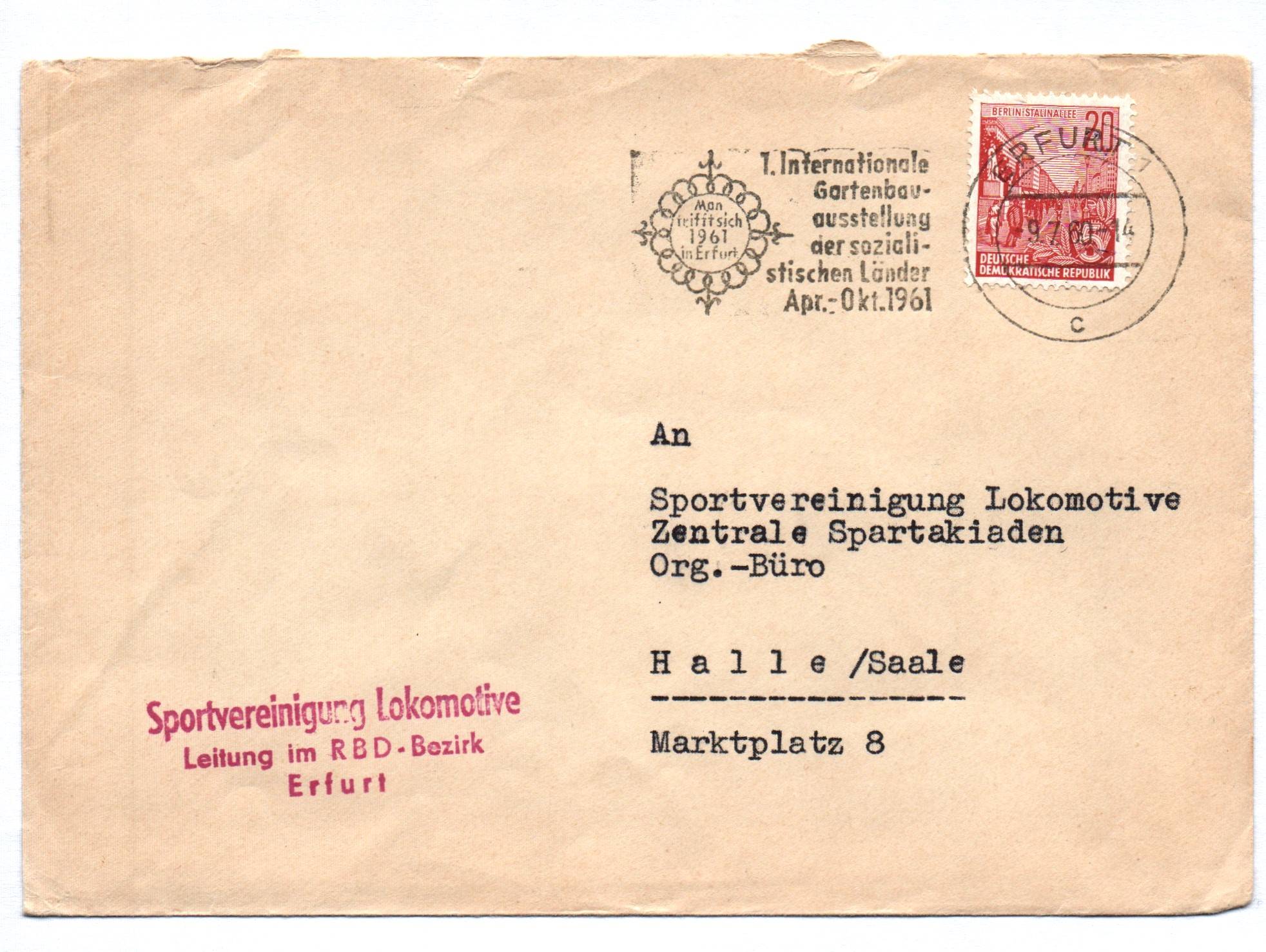 Brief Sportvereinigung Lokomotive RBD Erfurt 1960 DDR Brief Sportvereinigung Lokomotive RBD Erfurt 1960 DDR