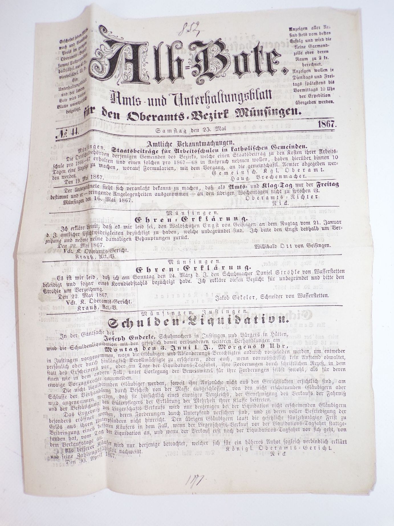 Der Alb Bote 1864 bis 1871 Oberamt Bezirk Münsingen Zeitung