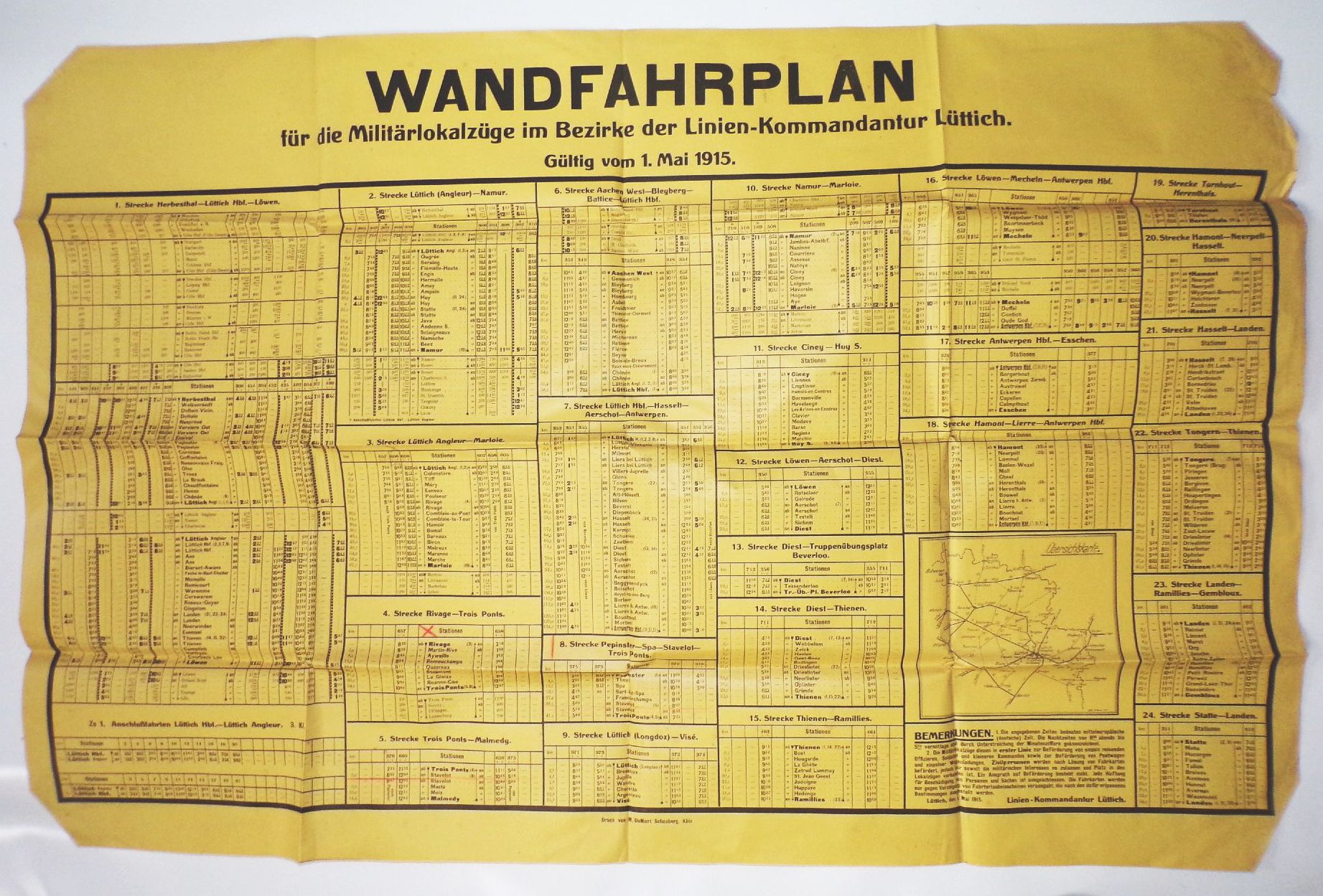 Wand Fahrplan Militärlokalzüge Linien Kommandantur Lüttich 1915 Eisenbahn 