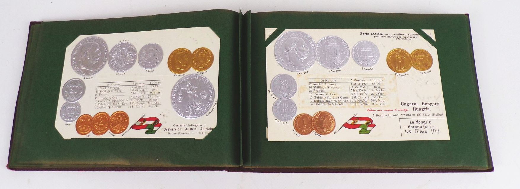 Geldsorten aller Länder Postkartenalbum Geld Münz Ansichtskarten um 1910 Rarität 45 Präge Ansichtskarten