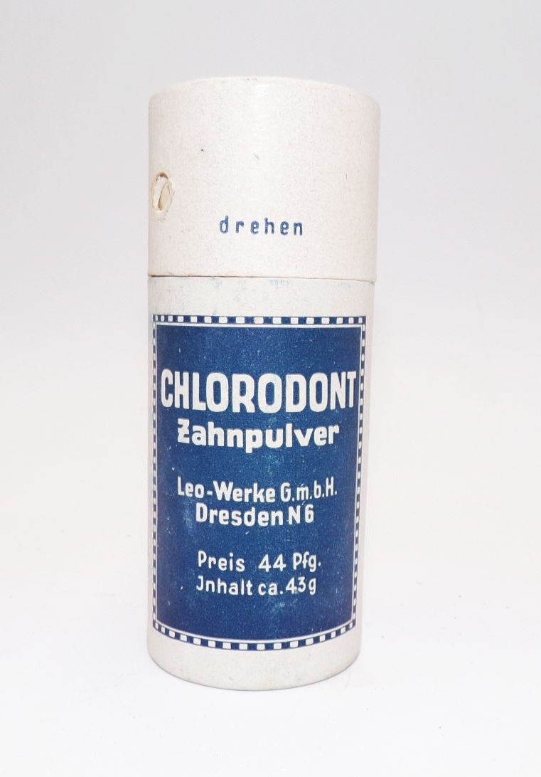Chlorodont Zahnpulver Leo Werke Dresden N6 Dose mit Inhalt NOS