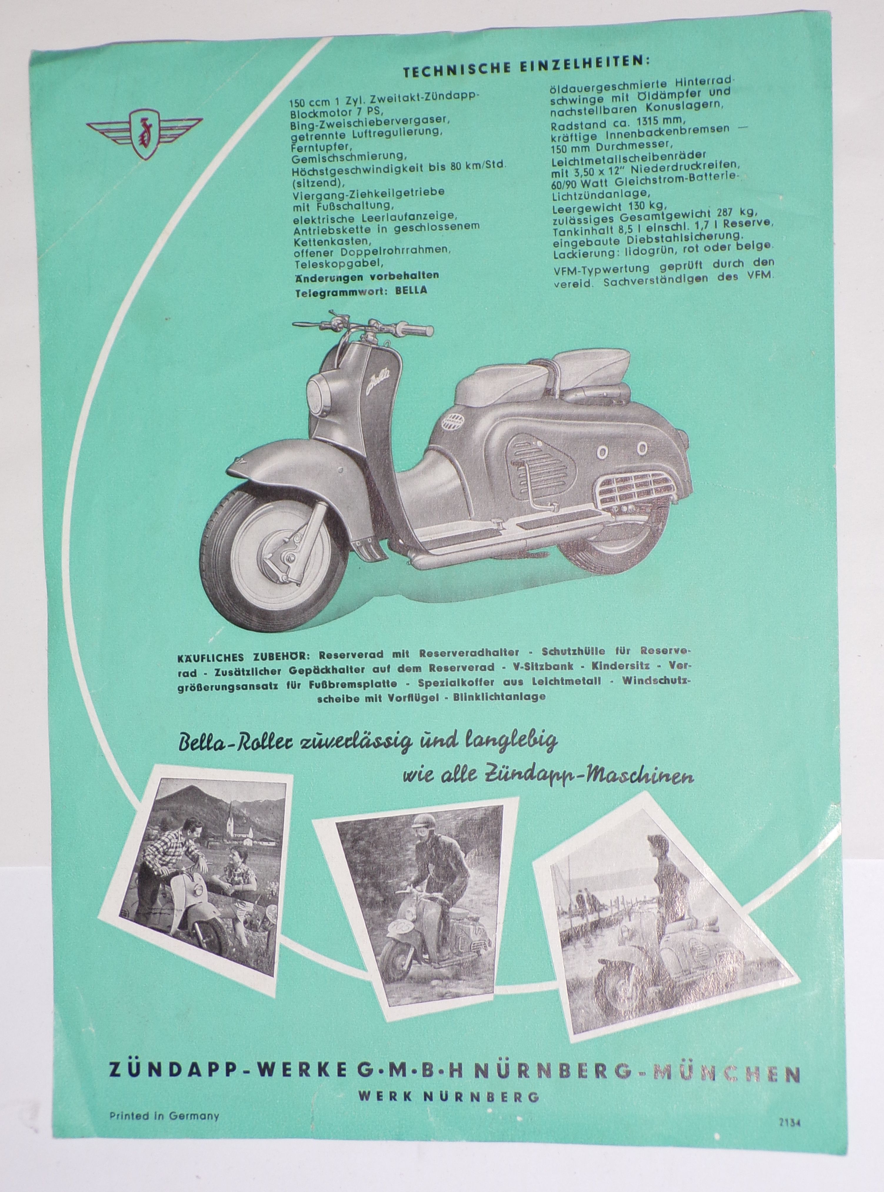 Werbeblatt Zündapp Bella 150 Roller vintage