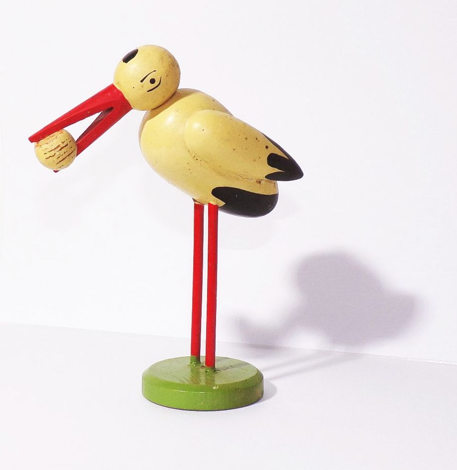 Alter Erzgebirge Klapperstorch Figur Storch Baby 