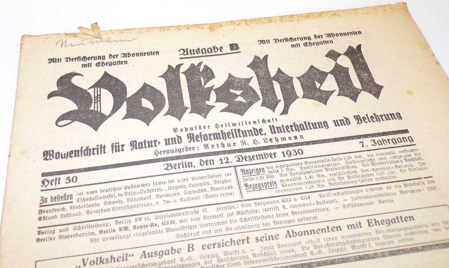 Volksheil 6 Stück Wochenschrift Gesundheit Reform Heilkunde Zeitung Medizin