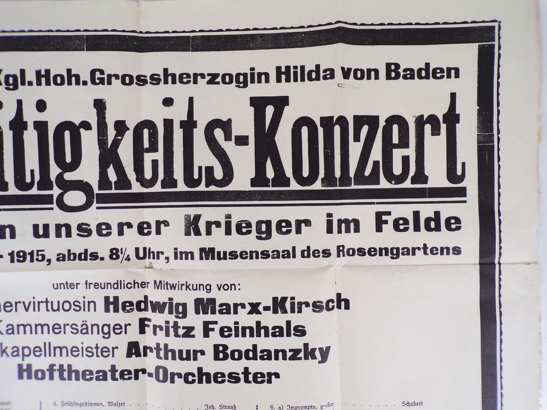 Plakat Wohltätigkeit Konzert Großherzogin Hilda von Baden 1915 WW1 Plakat Wohltätigkeit Konzert Großherzogin Hilda von Baden 1915 WW1