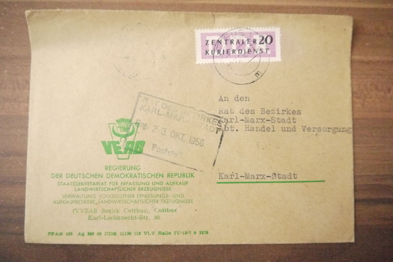 VEAB DDR 1956 Cottbus ZKD Brief Zentraler Kurierdienst