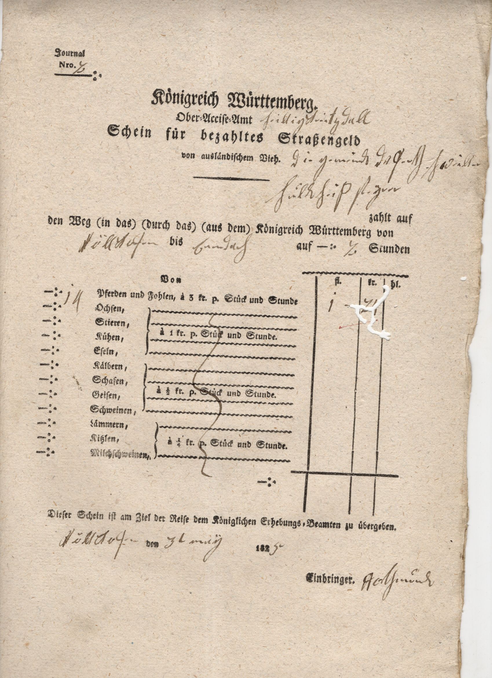 Schein für bezahltes Straßengeld Königreich Württemberg 1825 Dokumente Schein für bezahltes Straßengeld Königreich Württemberg 1825 Dokumente