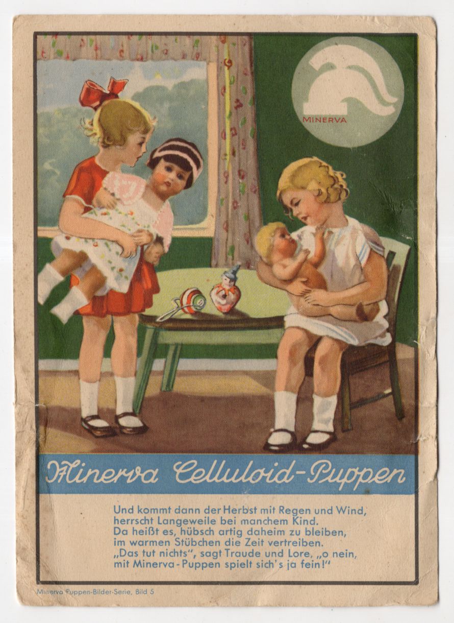 Reklame Ak Minerva Celluloid Puppen um 1930