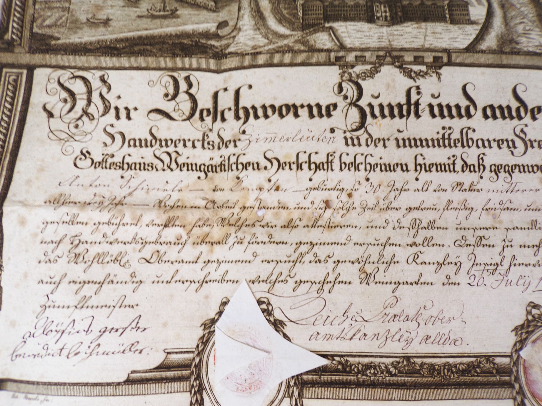 Uralter Gesellenbrief Zimmermann 1796 Weingarten Kupferstich Rarität