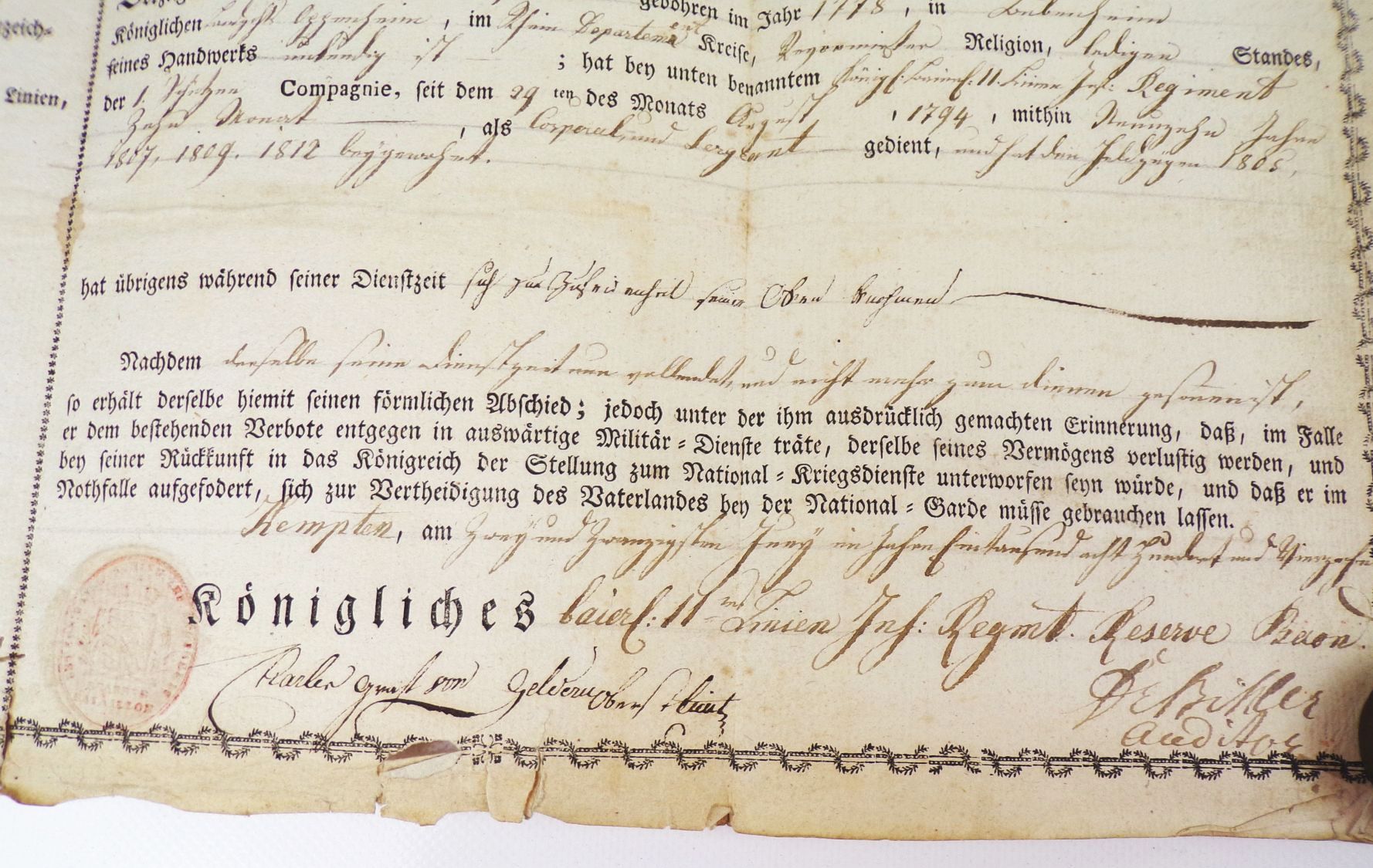 Abschied kgl Bayern Armee 11 Linien Infanterie Regiment Graf von Geldern 1814