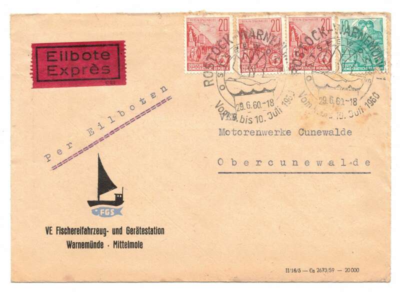 Firmen Brief 1960 Fischereifahrzeug Gerätestation Warnemünde Mittelmole Eilbote 
