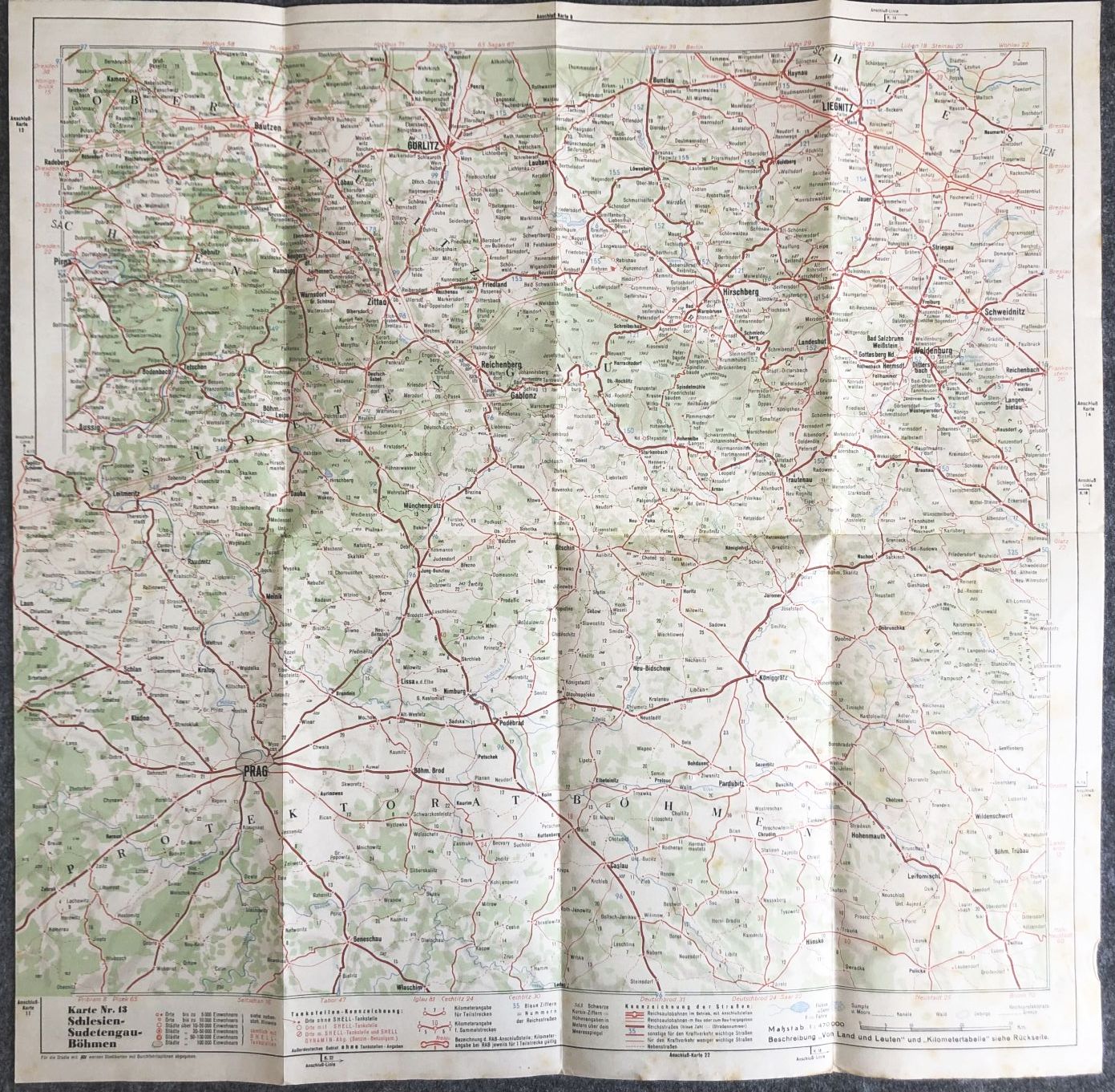 Alte Landkarte Schlesien Sudetengau Böhmen Straßenkarte Nr 13