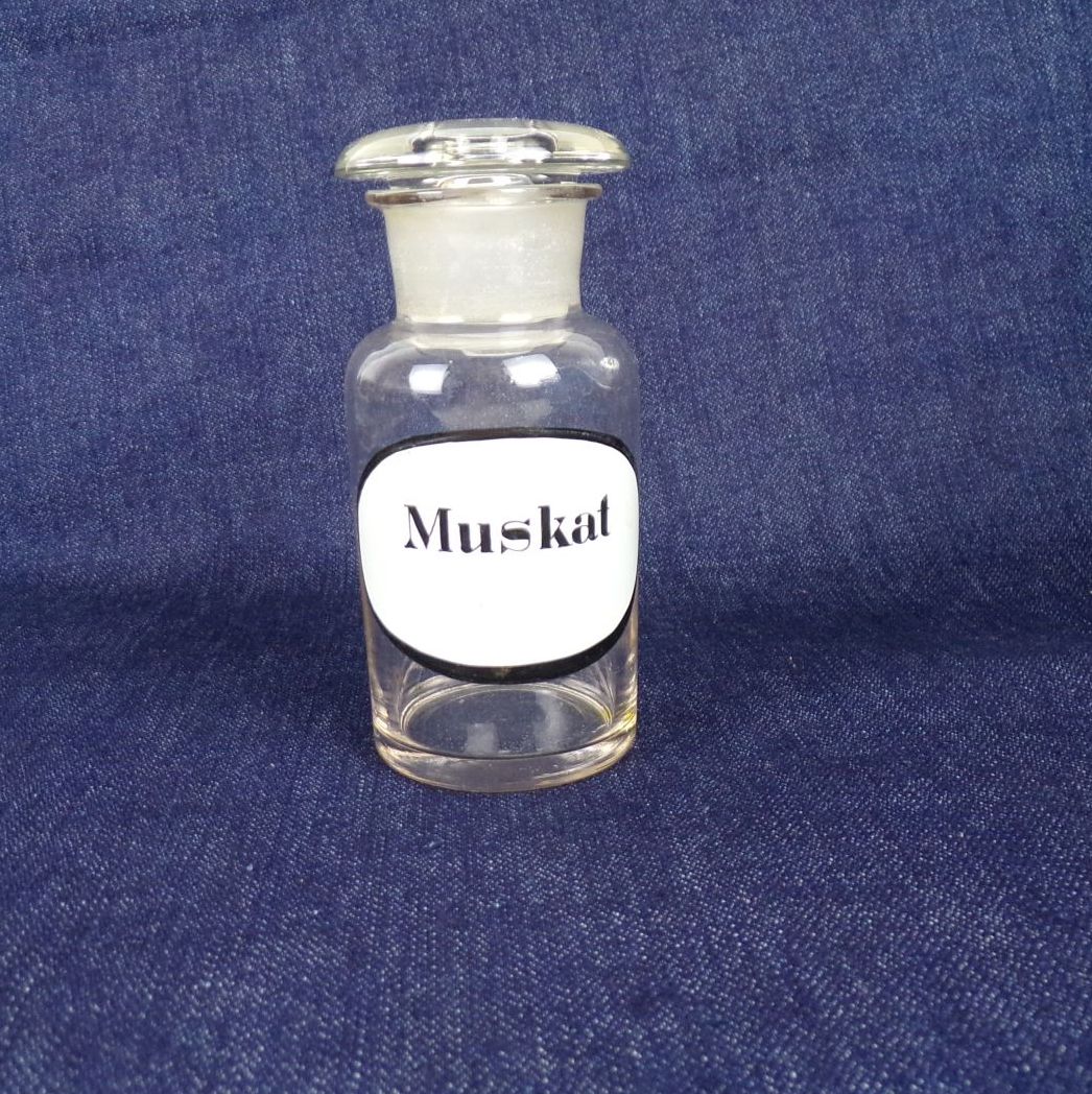 Alte Muskat Apothekerflasche Vorratsgefäß Antik Glas Dekoration