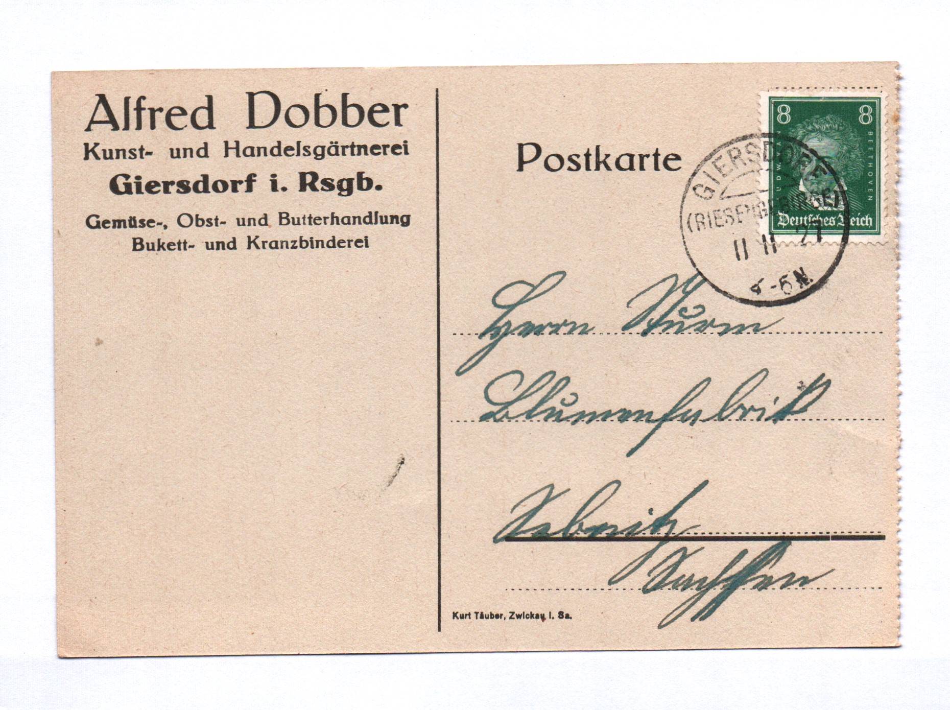 Postkarte Alfred Dobber Kunst und Handelsgärtnerei Giersdorf im Riesengebirge 1927 Postkarte Alfred Dobber Kunst und Handelsgärtnerei Giersdorf im Riesengebirge 1927