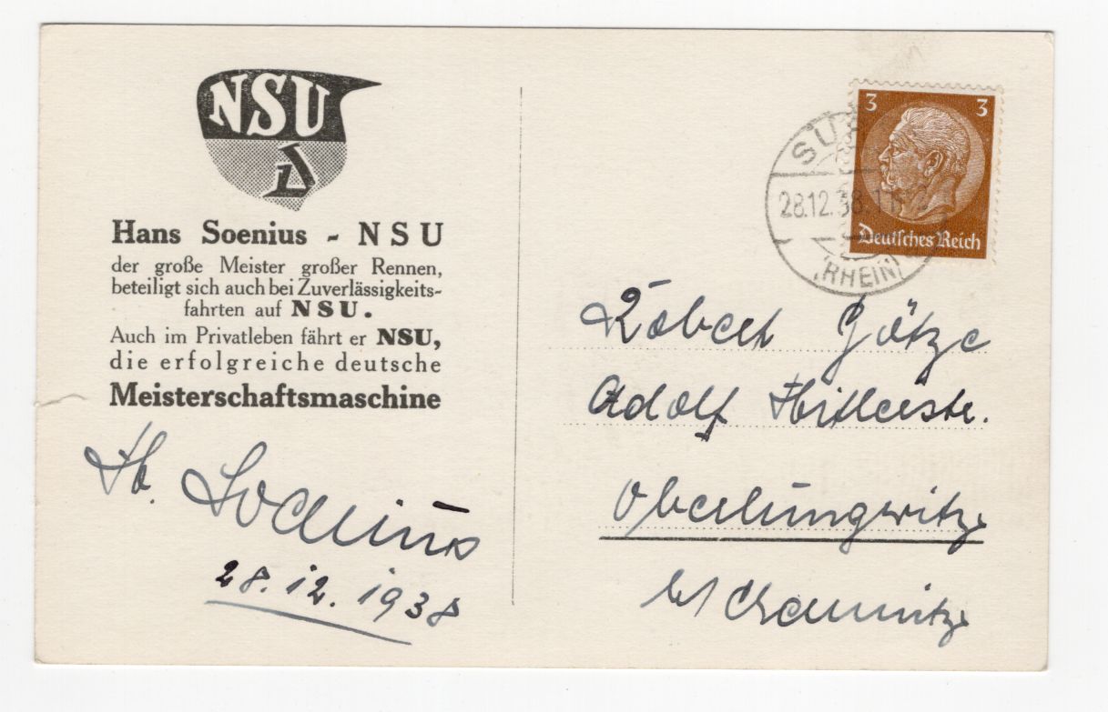 Autogramm Hans Soenius NSU Motorradrennfahrer 1938 Postkarte