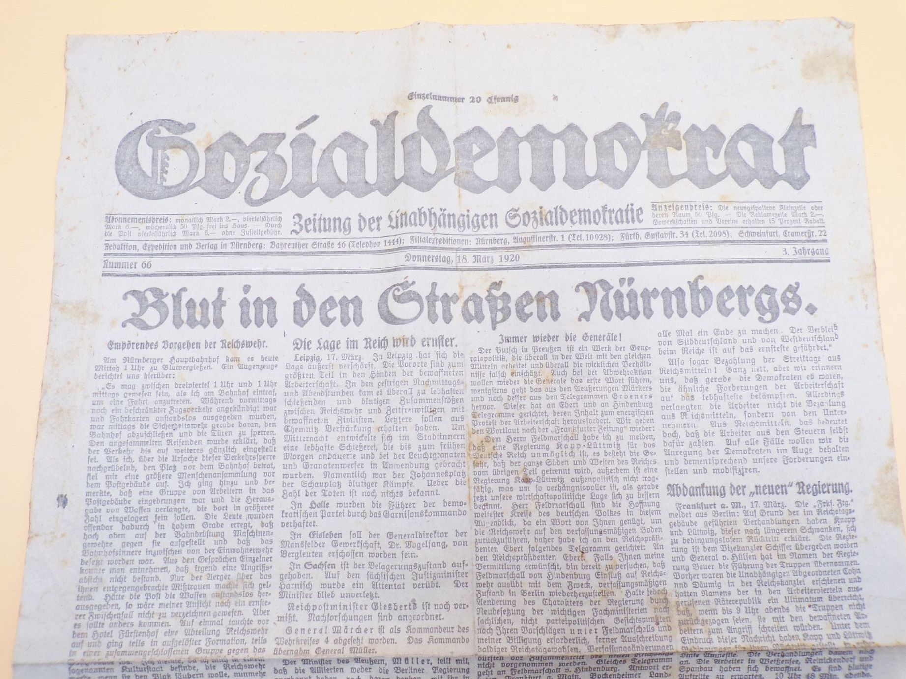 Zeitung 1920 Blut in den Straßen Nürnbergs Sozialdemokrat SPD Nr 66