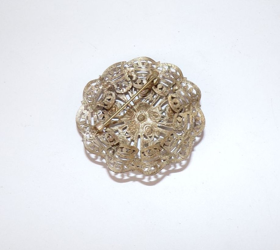 Alter filigraner Anstecker Blau Stein Vintage Modeschmuck Rund 