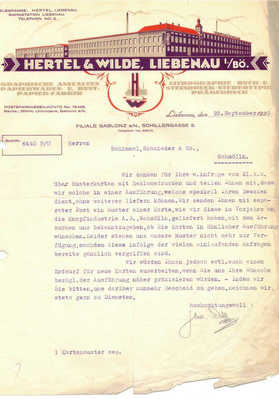 Litho Rechnung Hertel und Wilde Liebenau Böhmen 1933 Papierwaren