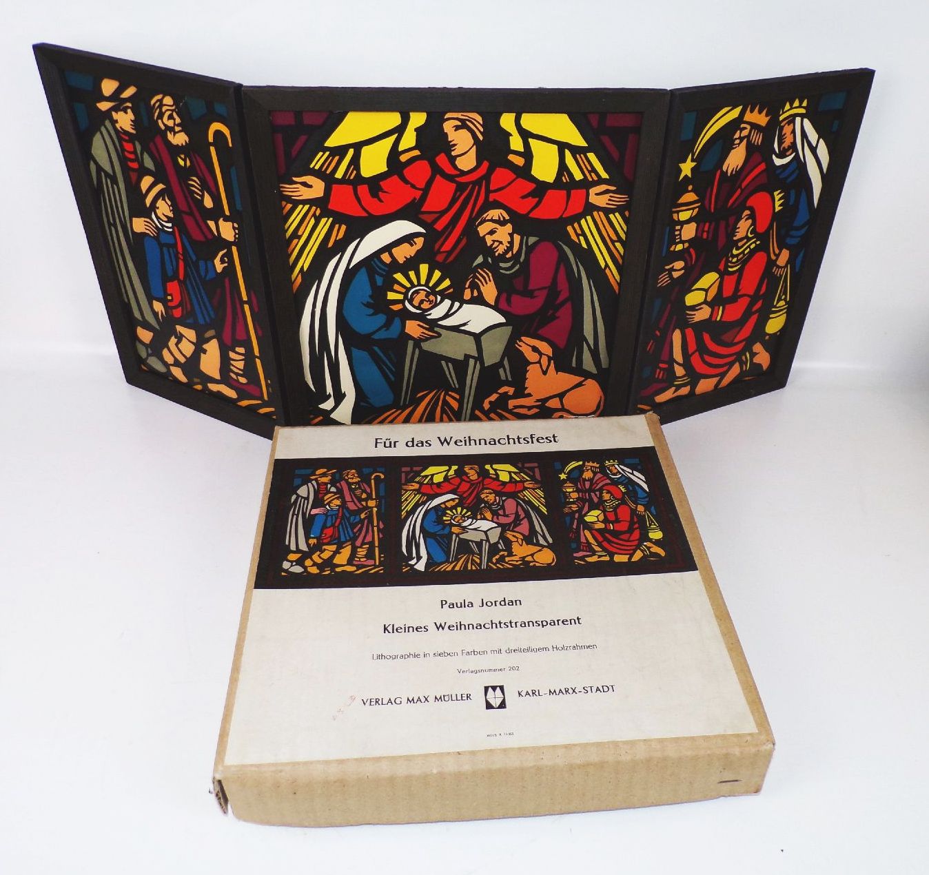 Altes Weihnachtstransparent Paula Jordan Für das Weihnachtsfest mit Originalkarton