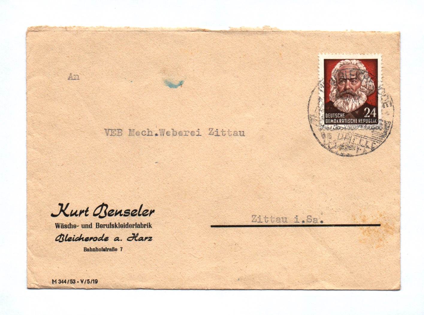 Brief Kurt Benseler Wäsche Berufskleiderfabrik Bleicherode Harz DDR Brief Kurt Benseler Wäsche Berufskleiderfabrik Bleicherode Harz DDR