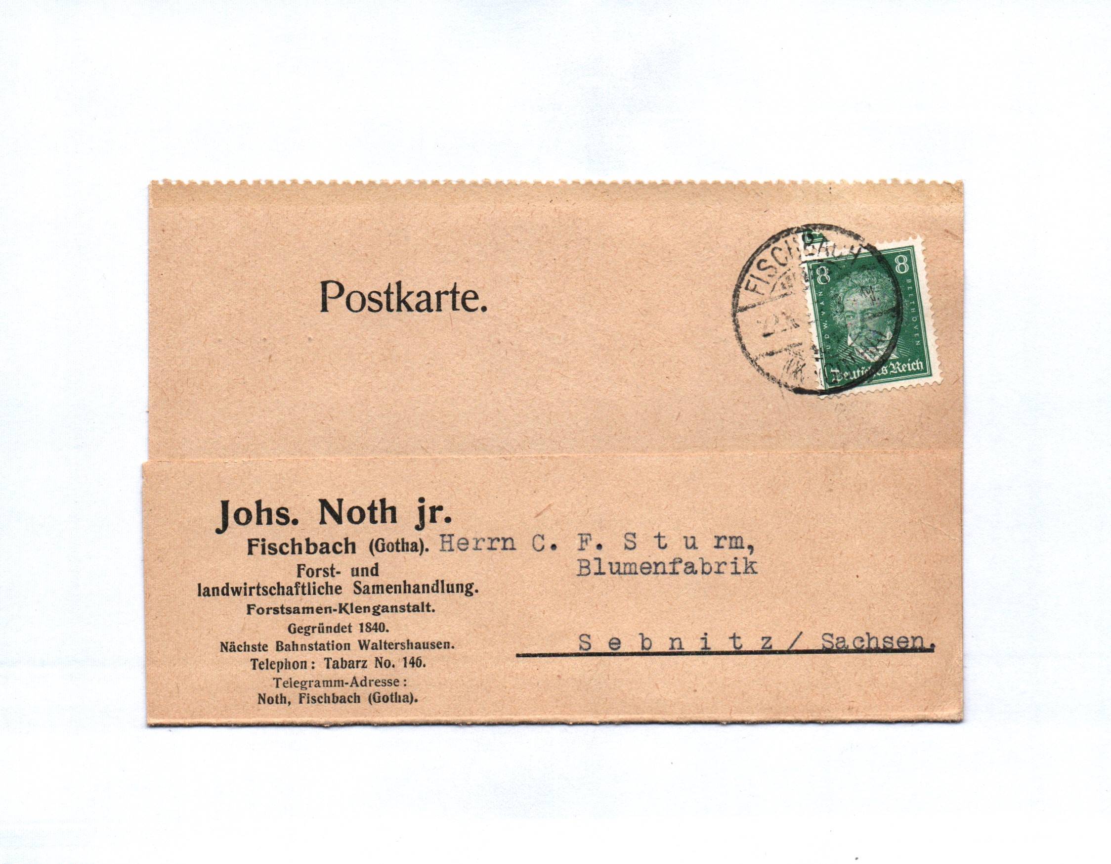 Postkarte Johs Noth Fischbach Gotha Forst Samenhandlung 1927 Postkarte Johs Noth Fischbach Gotha Forst Samenhandlung 1927