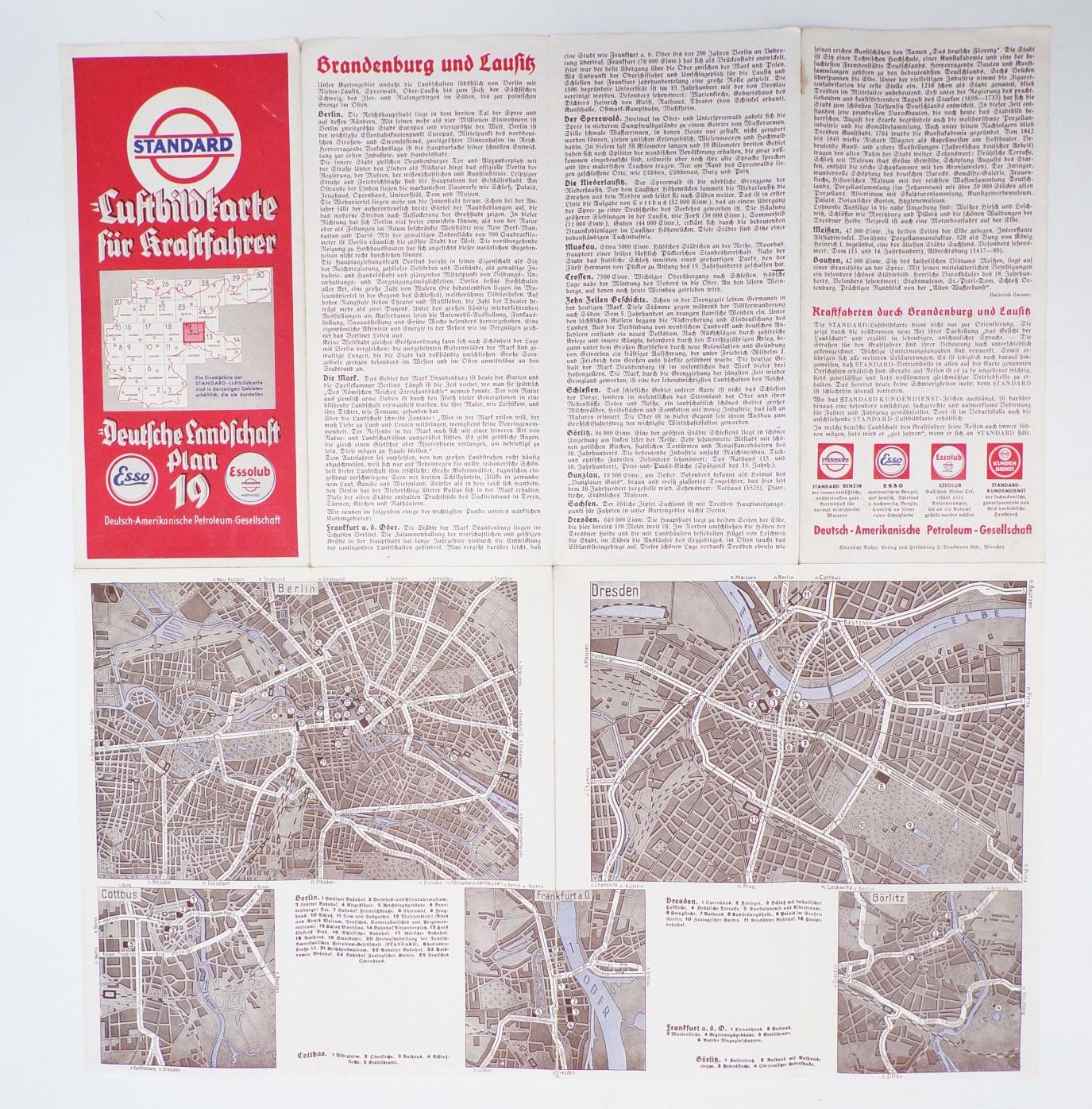 Esso Landkarte Standard Luftbildkarte für Kraftfahrer Cottbus Plan 19 Antik