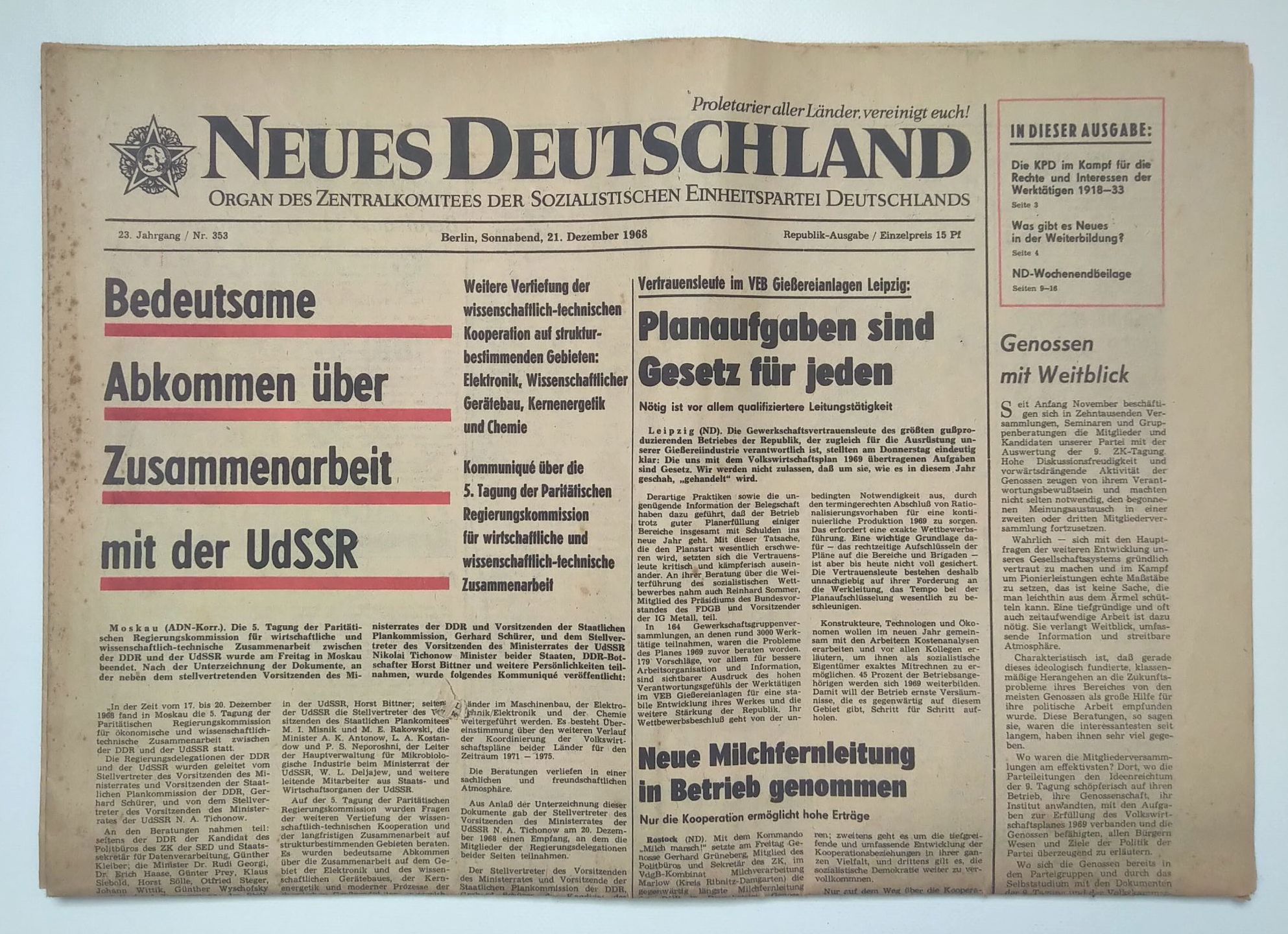 Neues Deutschland Nr 353 DDR Zeitung 1968 Neue Milchfernleitung