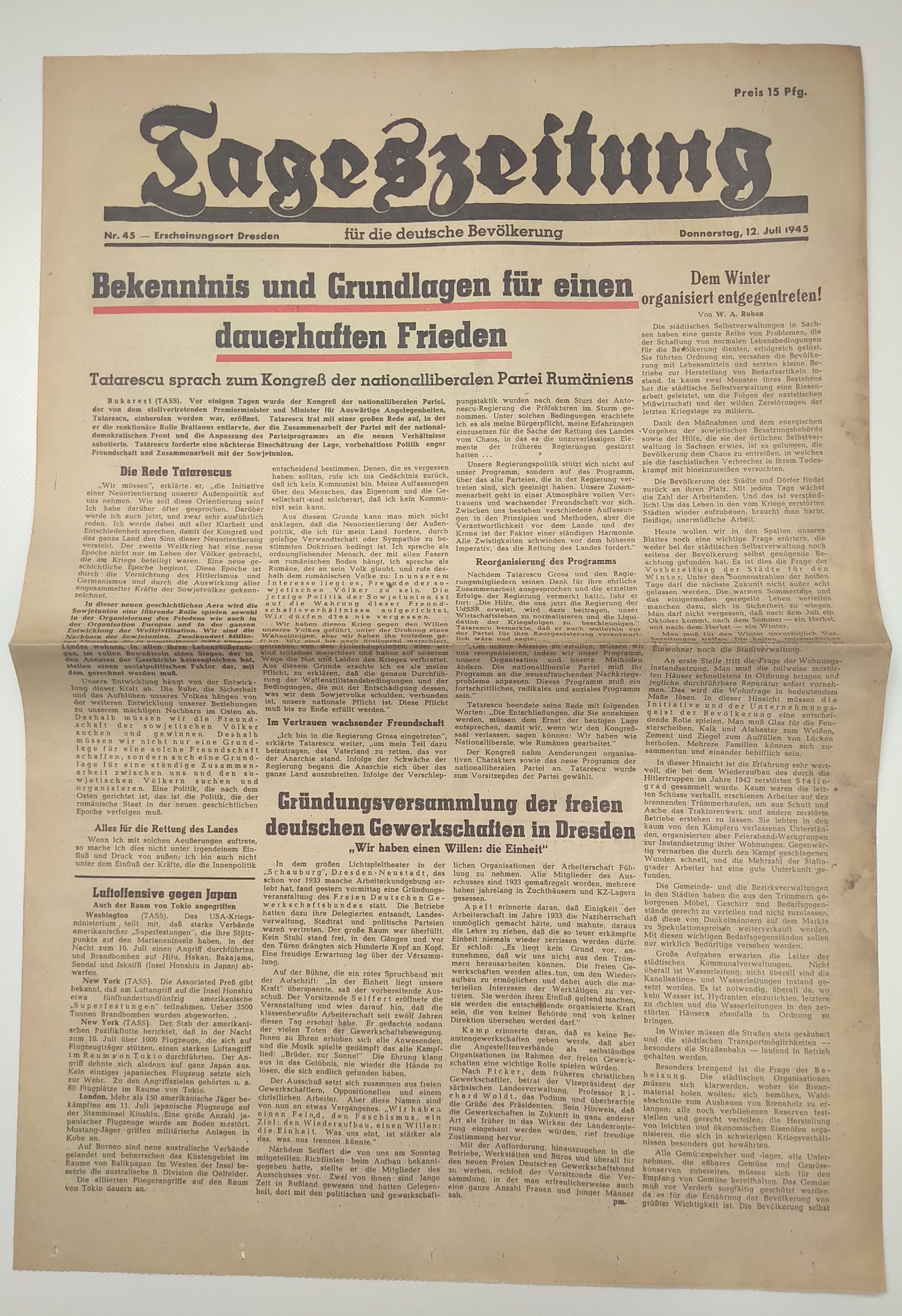 Tageszeitung Grundlagen für dauerhaften Frieden 1945 Nachkriegszeitung Nr 45