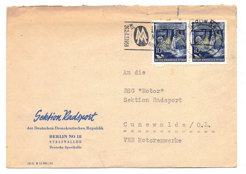 Brief Sektion Radsport DDR Berlin Stalinallee nach Cunewalde 1956