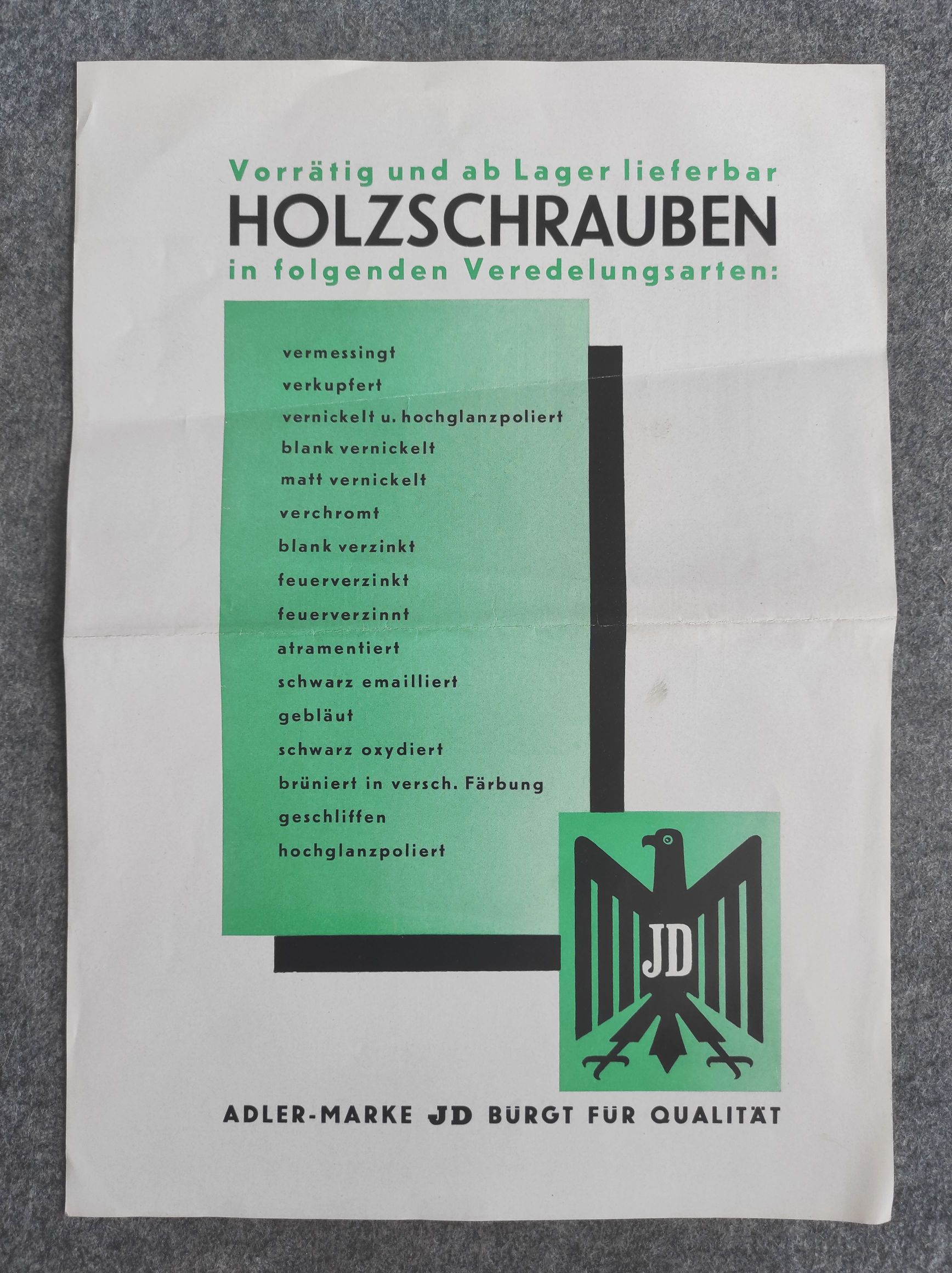 JD Holzschrauben altes Reklame Blatt Adlermarke JD Holzschrauben altes Reklame Blatt Adlermarke