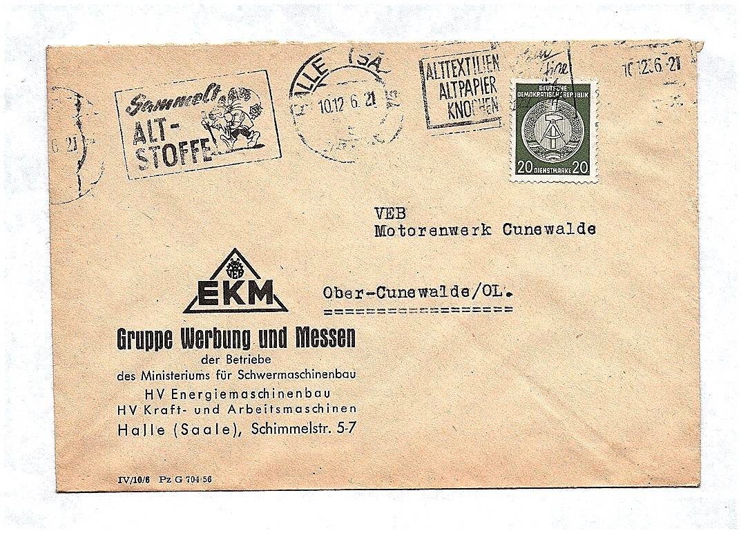 Brief EKM HV Energiemaschinenbau Halle Saale an VEB Motorenwerk Cunewalde 1956