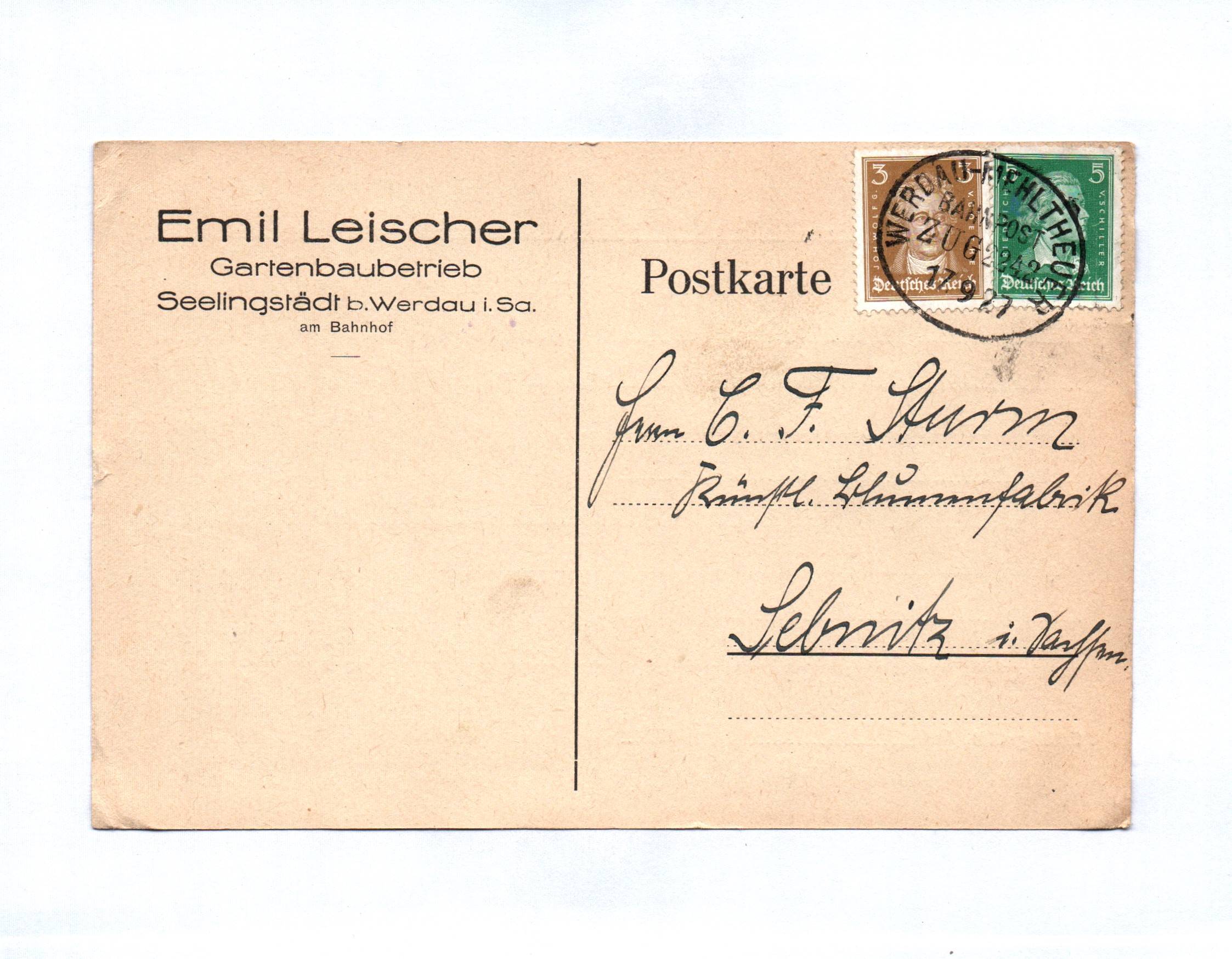 Postkarte Emil Leischer Gartenbaubetrieb Seelingstädt Werdau 1927 Postkarte Emil Leischer Gartenbaubetrieb Seelingstädt Werdau 1927