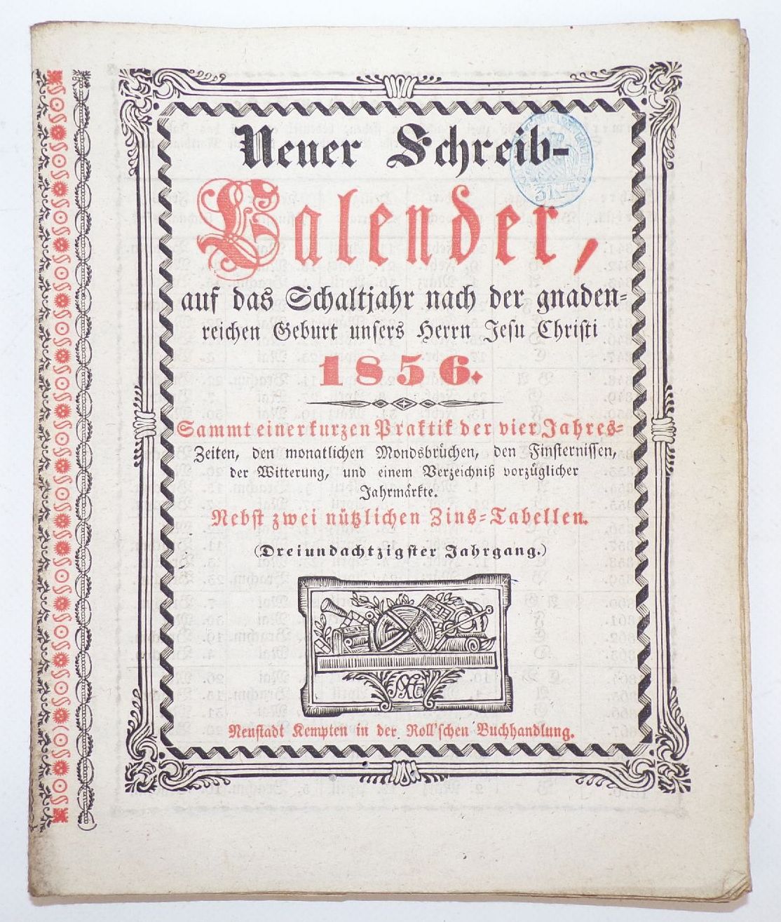 Neuer Schreib Kalender für das Schaltjahr 1856 Neustadt Kempten Büttenpapier 
