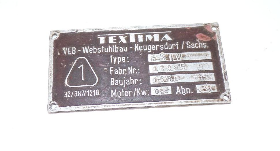 Altes Textima Typenschild VEB Webstuhl Bau Neugersdorf 1958 