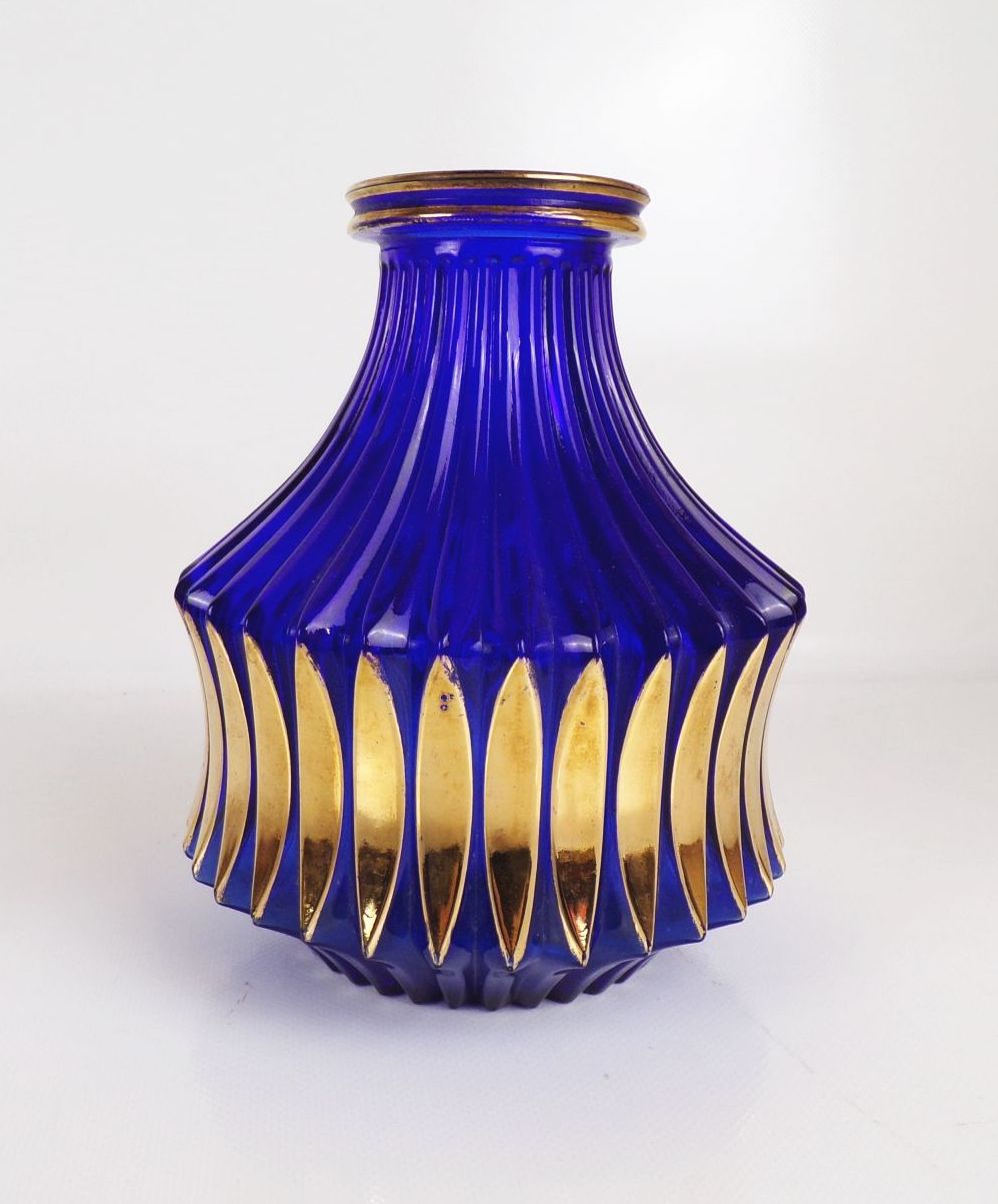 Alte Vase Glas Blau Gold Art Deco Design Pressglas DDR Vintage
